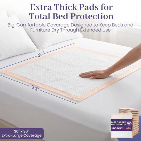 Heavy Duty Disposable Underpads 200 Count 30 X 36 Inches Ultra Absorbent Bed Pads on a bed, demonstrating comfort and coverage.