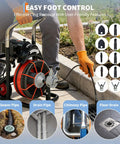 Heavy Duty 450 Watt Electric Drain Auger Machine Featuring 1850 RPM Motor Power And Extended One Hundred Foot Solid Steel Cable in use for pipe clearing.