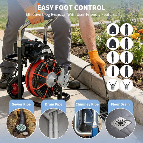 Heavy Duty Auto Feed Drain Auger With 100 Foot Cable And Air Activated Foot Switch for effective drain cleaning and clog removal.
