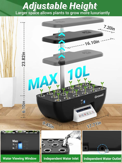 Image showing 17 Pod Hydroponics Growing System Kit With 102 28W Full Spectrum Grow Lights Two Fans Auto Timer Water Pump 10L Tank Height Adjustable Indoor Garden In Black And White Dope Setup.