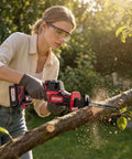 Person using Beast 20V Max Brushless Cordless Recip Saw With LED Light 3100 RPM 5Ah Battery on tree branch outdoors.