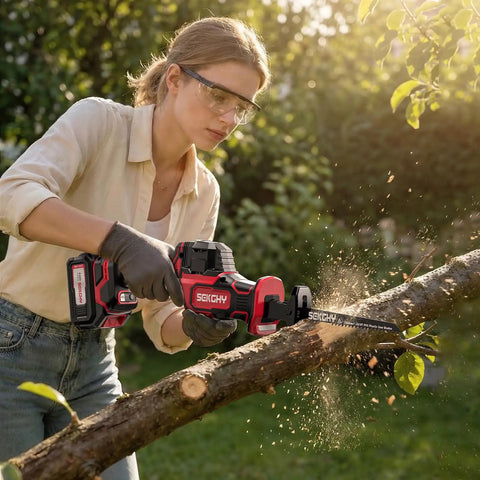 Person using Beast 20V Max Brushless Cordless Recip Saw With LED Light 3100 RPM 5Ah Battery on tree branch outdoors.