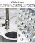 Close-up of Go To 5/16-20 UN Straight Flute Tap threading aluminum with 7.0mm drill bit in metal plate.