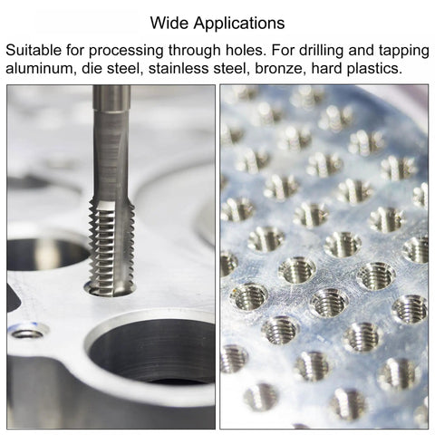 Close-up of Go To 5/16-20 UN Straight Flute Tap threading aluminum with 7.0mm drill bit in metal plate.