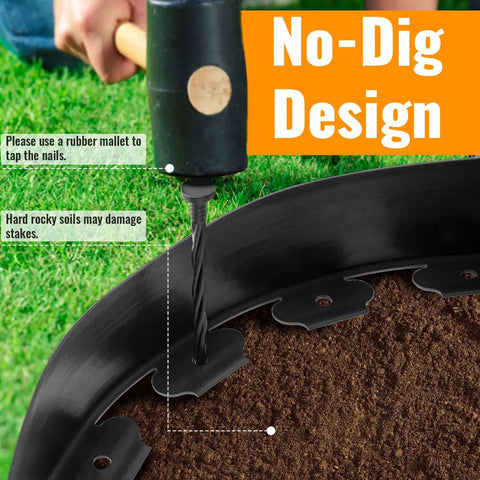 4 Inch Tall Landscape Edging 80 Foot Roll With 90 Anchoring Spikes And 5 Connectors installation with rubber mallet on soil