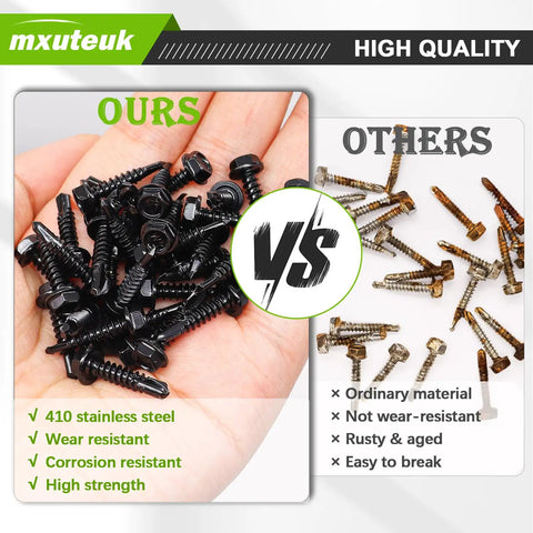 Comparison of black self-tapping screws in a hand vs. rusty screws