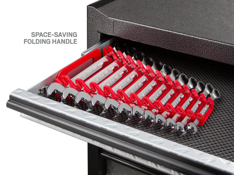 Ratcheting Wrench Set 12-Piece 8-19 Mm with holder in drawer, organized and compact for quick turns and auto, home, workshop projects.