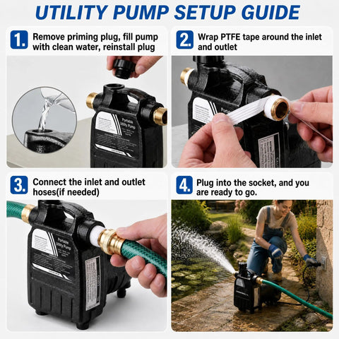 Heavy Duty Cast Iron Water Transfer Pump 115V 1/2HP 1500 GPH Portable Electric Utility Pump setup guide with steps and tools.