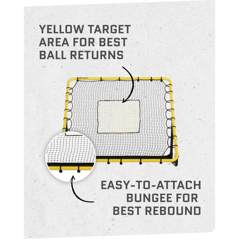Fielding Trainer For Baseball And Softball With Rebound Net, Grounders, Line Drives And Fly Balls Return Settings, Four By Four Point Five Foot Steel Frame, UV And Weather Resistant Net, Easy Fold Design For Serious Pro Grade Infield Practice, featuring easy-to-attach bungee and yellow target area