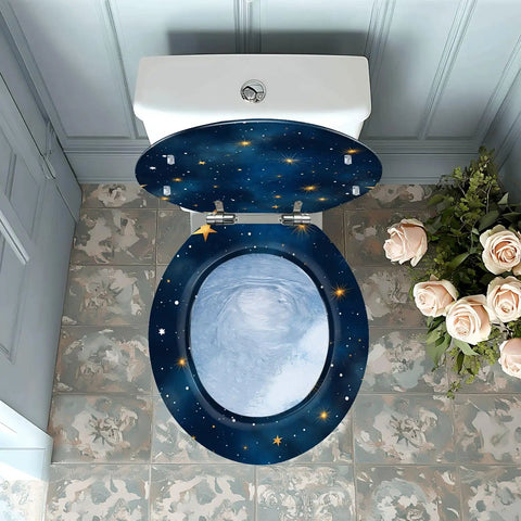 Round Resin Toilet Seat for Bathroom with starry night design, fits standard toilets, 14-15 inches wide and 17-18 inches long.
