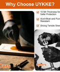 Black nitrile gloves; two-panel image shows left staining wood with brush, right tightening a bolt with a wrench.