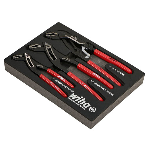 Three-Piece V-Jaw Pliers Tray Set with 7 inch, 10 inch, Auto Grip 10 inch V-Jaw, red soft vinyl grips in packaging