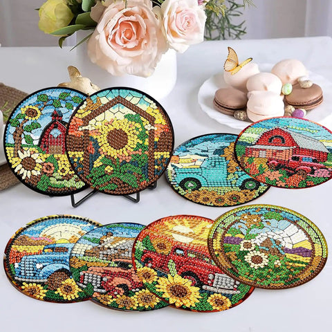 Fall Diamond Art Coaster Kit For Adults Eight Piece Set With Holder Cork Bases And Diamond Pens DIY Diamond Painting Coasters Featuring Sunflower Floral Truck Designs 4x4 Inches Beginner Friendly Super Easy Starter Set displayed with flowers and sweets on a table.