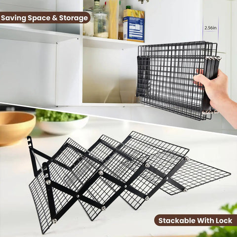 Game-Changing 4-Tier Collapsible Cooling Rack for Baking in folded and expanded views, adjustable, stackable design.
