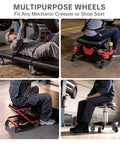 Six Pack 2.5 Inch Swivel Creeper Caster Wheels With Thread Stems on mechanic creepers and shop stools in use.