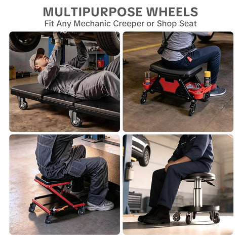 Six Pack 2.5 Inch Swivel Creeper Caster Wheels With Thread Stems on mechanic creepers and shop stools in use.