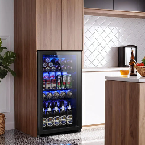 Beverage Fridge With Glass Door, 130 Can Mini Fridge And Wine And Beer Cooler, installed in modern kitchen setting.