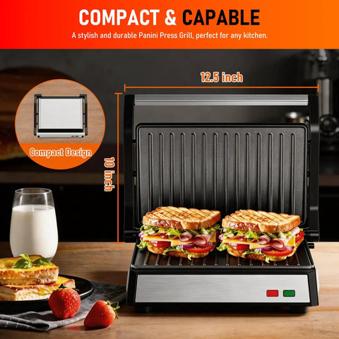 Get Juiced With This Bad Boy 1200W Panini Press Grill Standard 2 Slice Sandwich Maker with grilled sandwiches in 12.5 inch wide capacity.