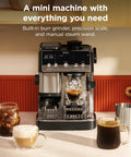 Home Barista Luxe Café Mini Espresso Machine With Built-In Burr Grinder And Drip Coffee on countertop, brewing espresso.
