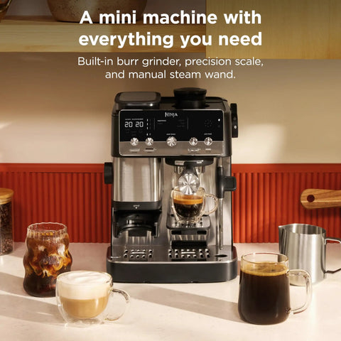 Home Barista Luxe Café Mini Espresso Machine With Built-In Burr Grinder And Drip Coffee on countertop, brewing espresso.