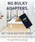 Radiant 1597TRUSBCCW 15 Amp GFCI outlet with USB Type C on kitchen island, phone charging, modern interior.