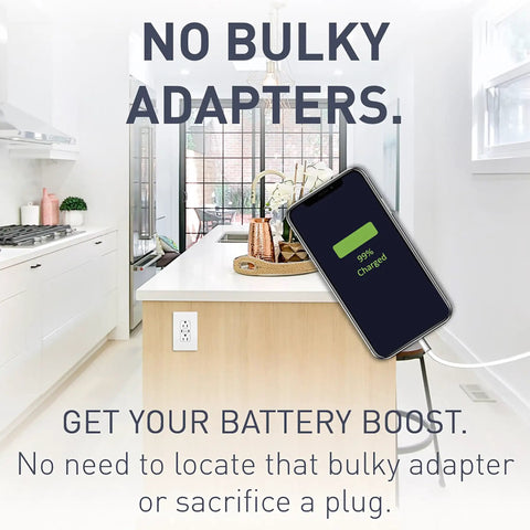 Radiant 1597TRUSBCCW 15 Amp GFCI outlet with USB Type C on kitchen island, phone charging, modern interior.