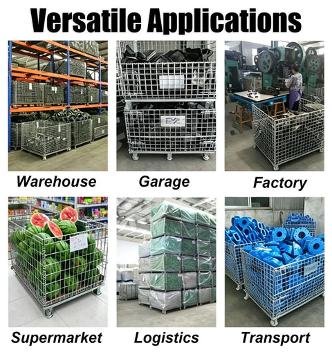 Built Strong Workhorse Collapsible Wire Mesh Storage Crate With Four Heavy Duty Swivel Casters And One Thousand Pound Capacity seen in various settings.