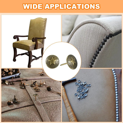 Hella Durable Upholstery Tacks Nail Pins 100 Piece Pack 16Mm Head 20Mm Shank Carbon Steel Yellow Bronze Electroplated Finish used on chairs and sofas.