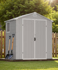 Six By Four Foot Plastic Outdoor Storage Shed With Floor Lockable Double Doors Window And Vents Built Tough For Garden Patio And Backyard