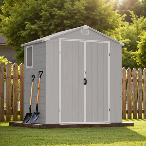 Six By Four Foot Plastic Outdoor Storage Shed With Floor Lockable Double Doors Window And Vents Built Tough For Garden Patio And Backyard