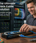 Technician connecting Cat6 Ethernet Patch Cables 10 Ft Blue 10 Pack for Dope Home Office Networking to a server rack