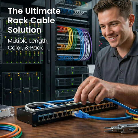 Technician connecting Cat6 Ethernet Patch Cables 10 Ft Blue 10 Pack for Dope Home Office Networking to a server rack