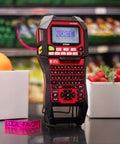 Hella Heavy Duty Label Maker And Portable Tape Printer For Asset Tagging Cable Wire Marking showing barcode display and printed tape.