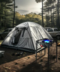 30000 BTU Propane Outdoor Stove with adjustable height single burner next to tent at campsite in forest
