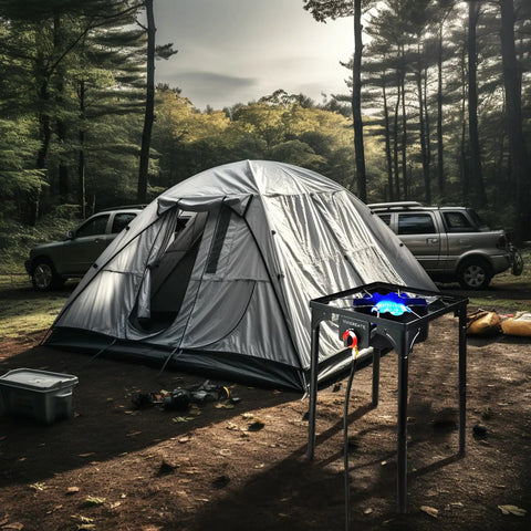 30000 BTU Propane Outdoor Stove with adjustable height single burner next to tent at campsite in forest