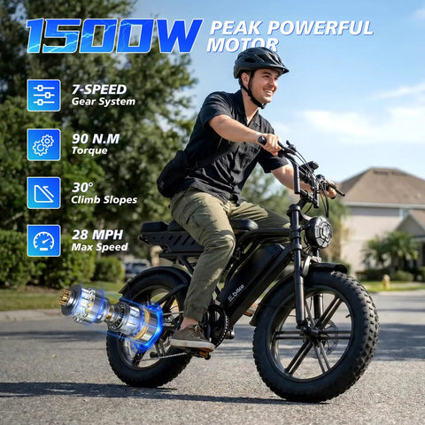 Adult Electric Bike, 750W Motor 1500W Peak Power, rider on bike with 7-speed gearing and powerful hub motor.