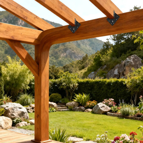 20 Pack Black Hurricane Ties For Rafters Made Of 13 Gauge Carbon Steel With Rust Resistant Black Powder Coat Fit 2x4 And 2x6 Trusses To Rafter Connectors Joist Hangers For Roof Deck Pergola Use In Harsh Weather installed on a wooden pergola.