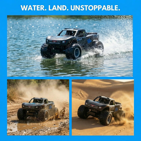Dope Amphibious RC Monster Truck For Kids With Dual Batteries, True Submersible All Terrain 4WD Car in water, mud, and sand