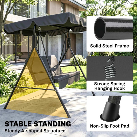 Three Seat Outdoor Patio Swing Chair with Removable Cushions, Steel Frame Stand, Adjustable Tilt Canopy for Patio