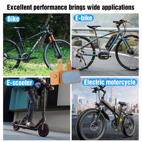 Four Pairs Of Sintered Metal MTB Brake Pads For E Bikes And Scooters Durable Replacement Pads shown with bikes and scooters