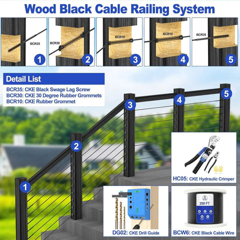 Image showing Wood Black Cable Railing System with 1/8 inch black stainless steel cable for DIY deck railing, fences, balconies, and coastal installations.