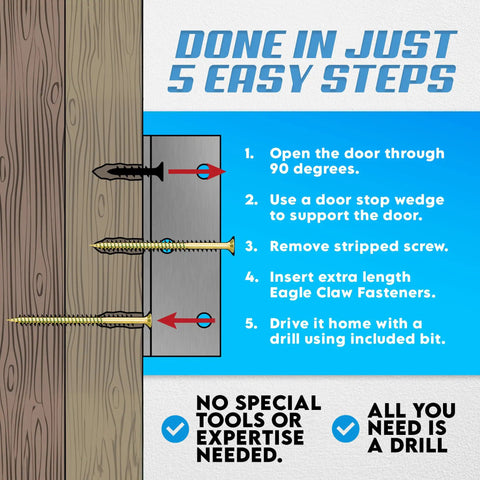 Easy DIY Stripped Screw Hole Repair Kit For Loose Door Hinges No Pre Drilling Or Glue Needed Includes Eight 3 Inch Torx Screws And 2 Inch Driver diagram