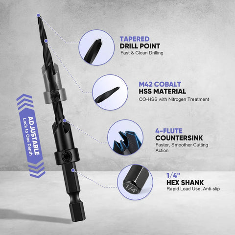 Heavy Lifting Countersink Drill Bit Set, Knockout 22 Pc Pro Grade Woodworking Kit with tapered drill point and 1/4" hex shank.