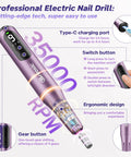 Heavy Duty Electric Nail Drill Kit With Twelve Versatile Bits For Grinding Gel And Acrylic Nails, Slick Purple Frame, Smooth Operator nail drill showing controls and design.