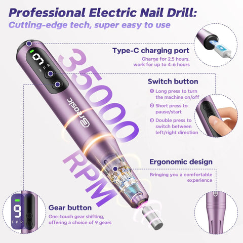 Heavy Duty Electric Nail Drill Kit With Twelve Versatile Bits For Grinding Gel And Acrylic Nails, Slick Purple Frame, Smooth Operator nail drill showing controls and design.