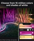 Outdoor Seven Foot Smart LED Light Strip With Color Changing Ambiance Weatherproof For Decks Railings Steps Pathways And Landscaping Control Via Hue Bridge App And Voice Assistants Like Alexa Google Assistant And Apple HomeKit lit in vibrant colors next to plants with mobile app interface displayed