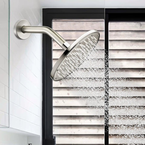 8 Inch Anti Leakage Ceiling Wall Shower Arm With Flange In Brushed Nickel Finish spraying water in bathroom