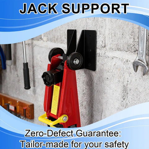 Tough and Reliable 2-Piece Jack Stand Wall Mount Kit for Heavy Duty Hydraulic Trolley Jacks installed on concrete wall.