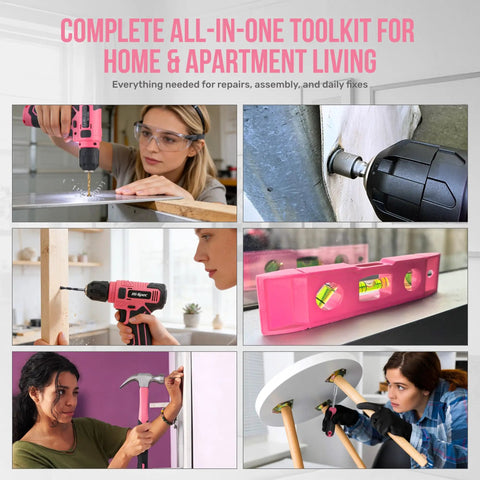 Pink 8V Cordless Drill Set And Tool Kit For Women Lightweight Rechargeable Power Drill Driver helps in various home projects
