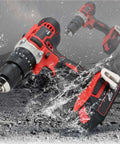 20 Volt Cordless Drill Impact Driver Kit With Two Batteries Compact shows drill and battery with water splash effect.